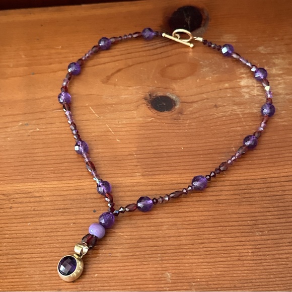 14K Gold Necklace Amethyst Garnet & Jade Beads Vintage Short Lariat Italy